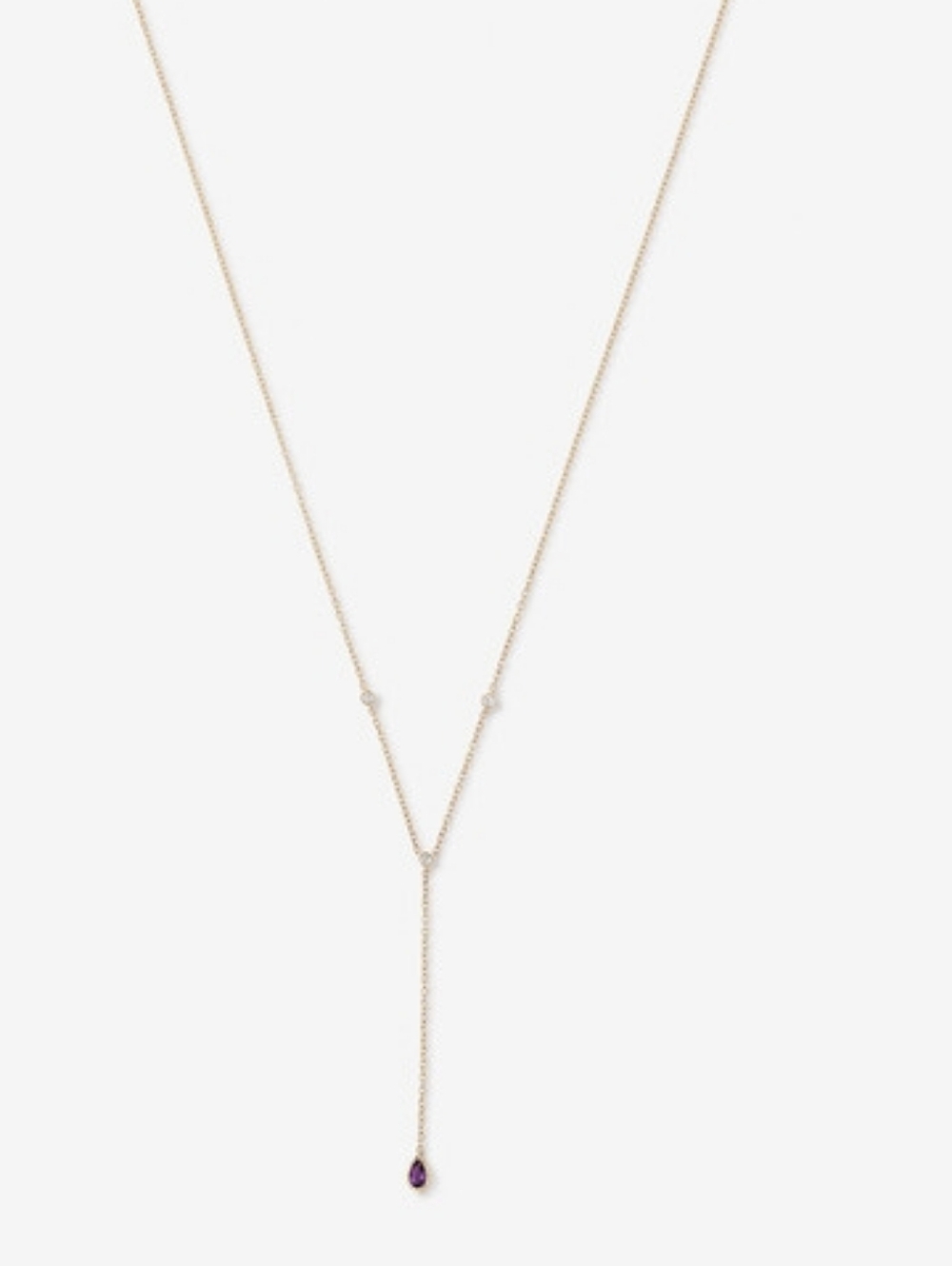 10k Solid Gold Lariat Necklace with Purple Teardrop Amethyst & Diamonds.